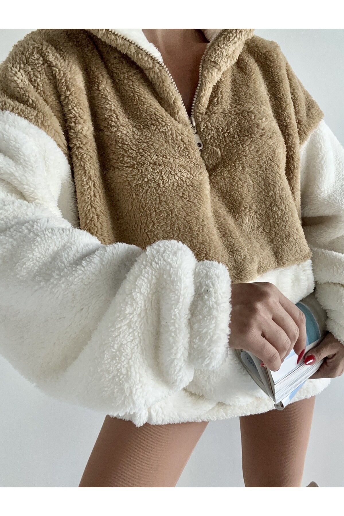 Kadın Oversize Fermuar Yaka Teddy Peluş Sweat Camel