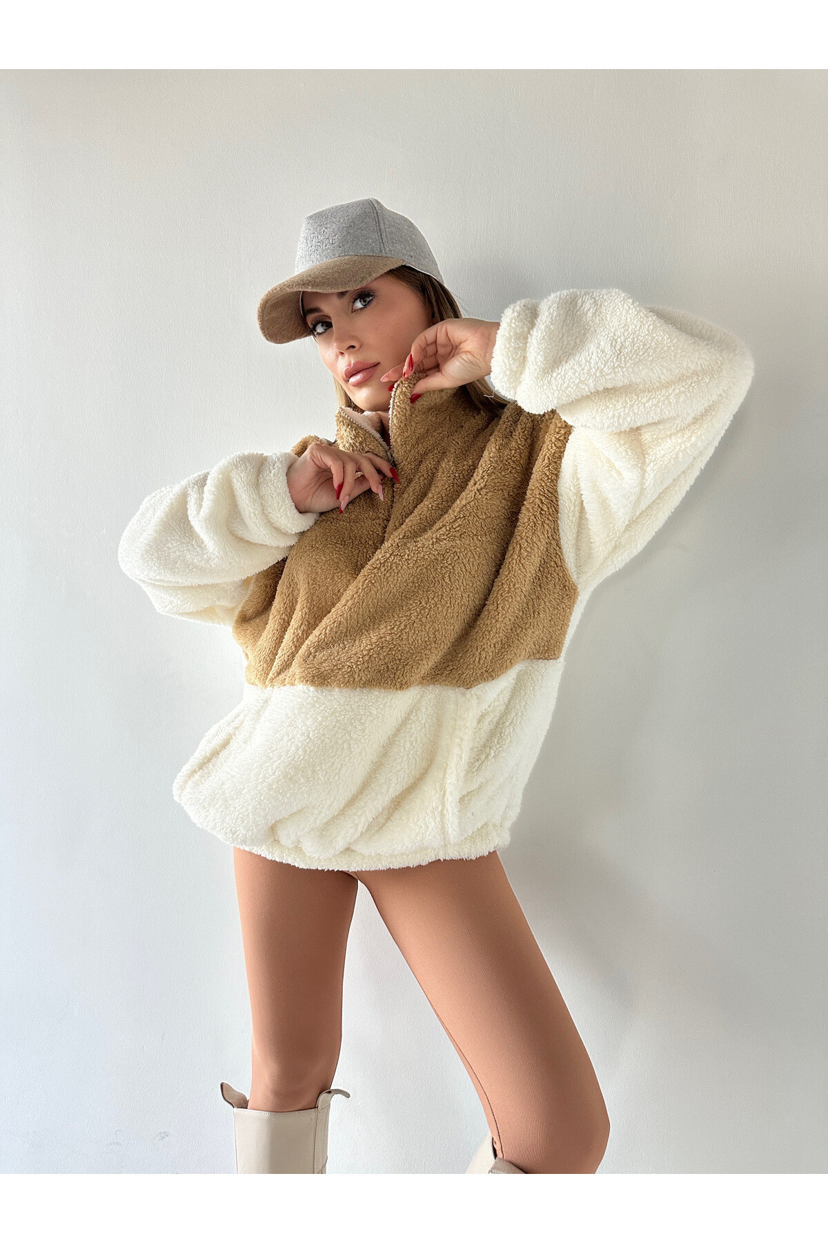 Kadın Oversize Fermuar Yaka Teddy Peluş Sweat Camel