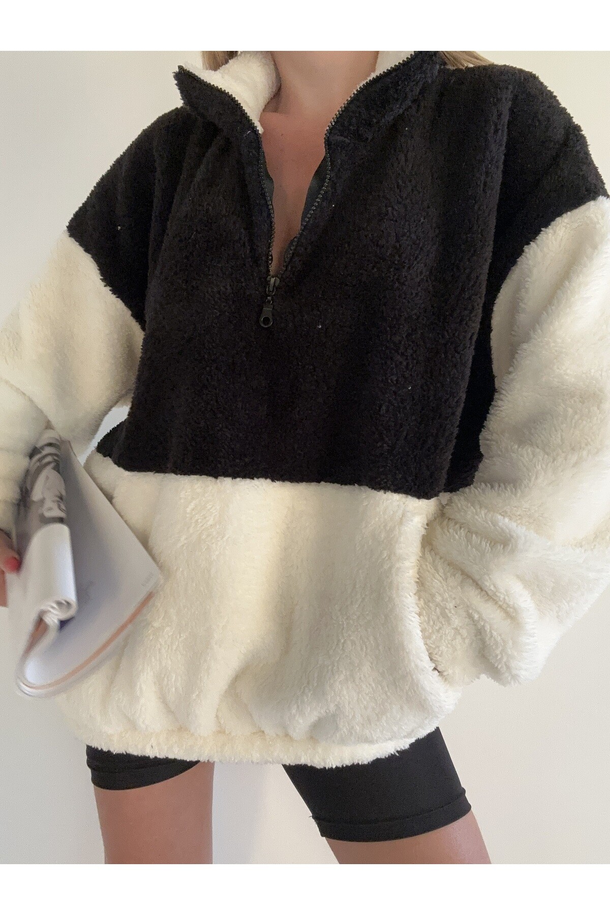 Kadın Oversize Fermuar Yaka Teddy Peluş Sweat  Siyah