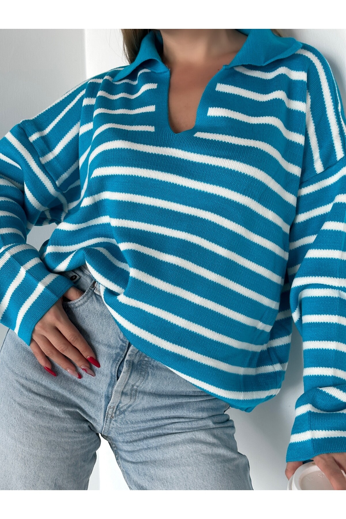 Kadın Polo Yaka Çizgili Standart Beden Triko Kazak  Mavi
