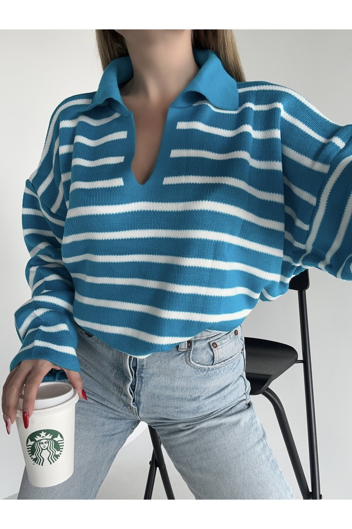 Kadın Polo Yaka Çizgili Standart Beden Triko Kazak  Mavi