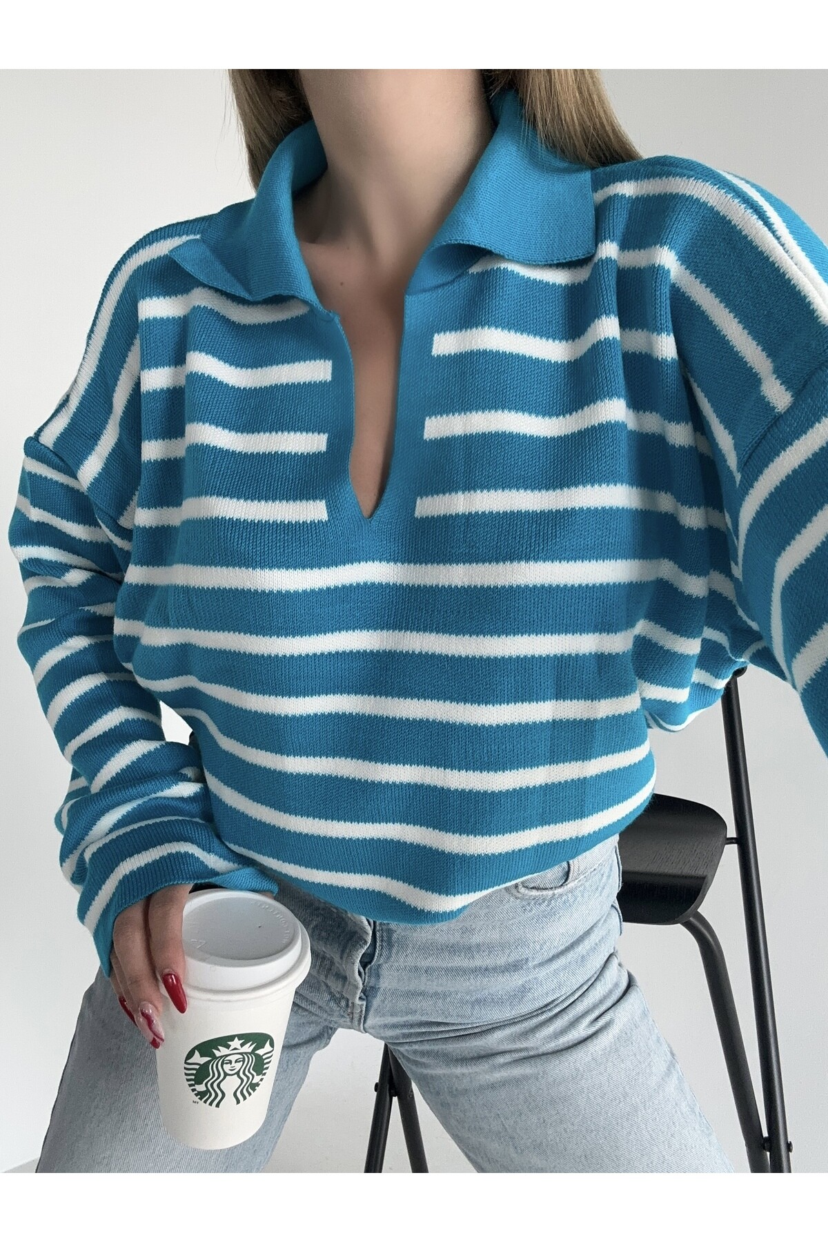 Kadın Polo Yaka Çizgili Standart Beden Triko Kazak  Mavi