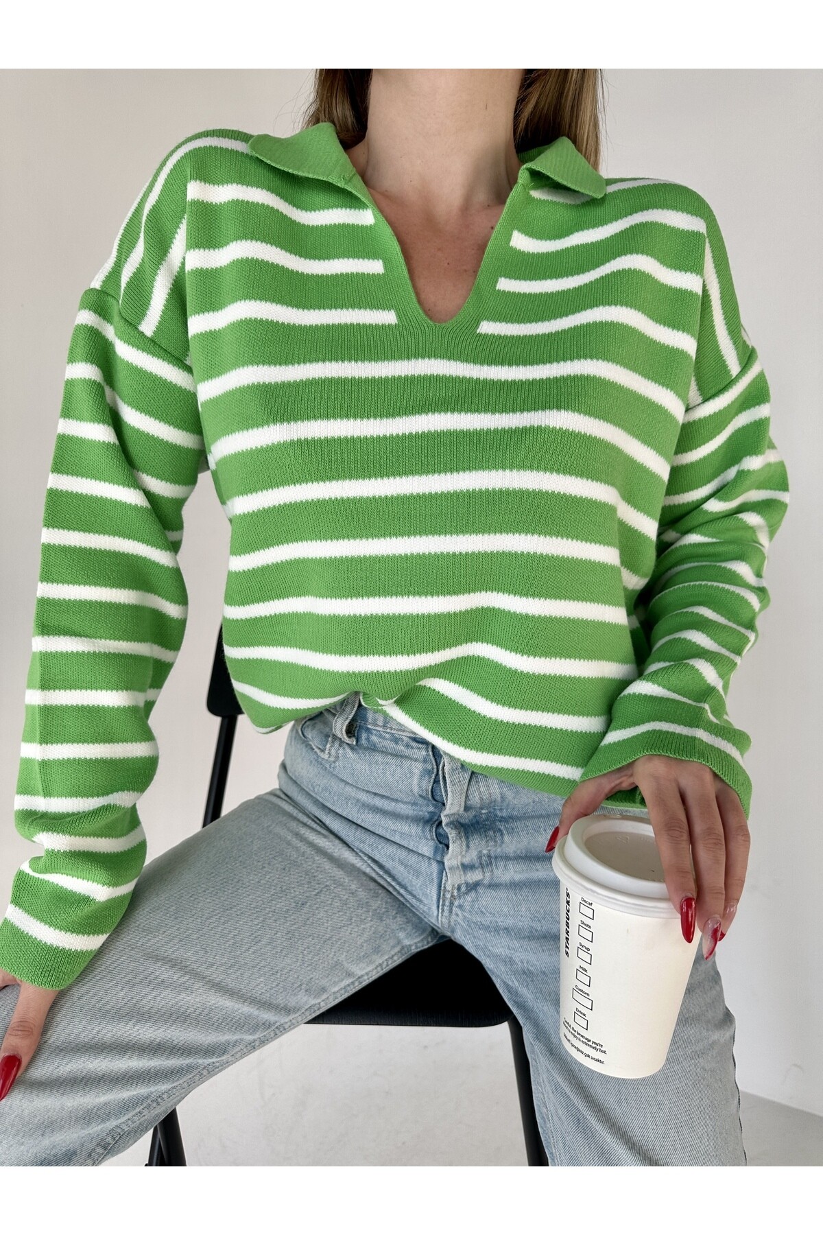 Kadın Polo Yaka Çizgili Standart Beden Triko Kazak  Yeşil