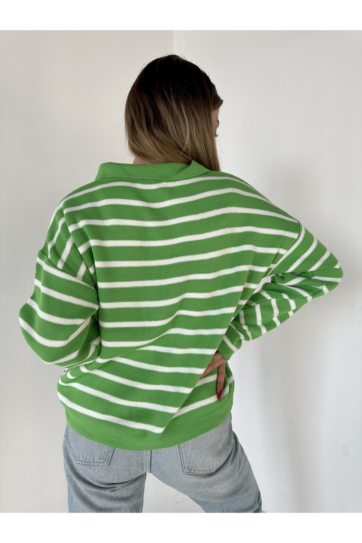 Kadın Polo Yaka Çizgili Standart Beden Triko Kazak  Yeşil