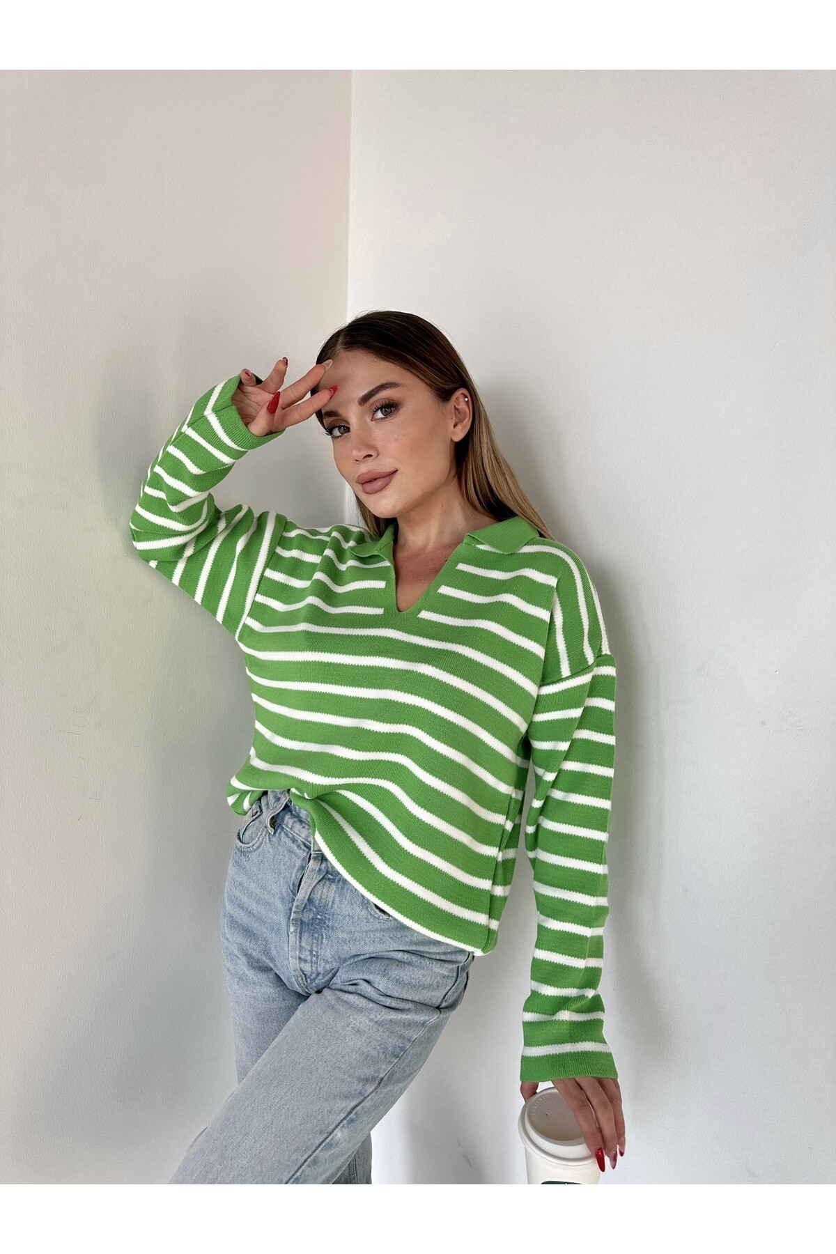 Kadın Polo Yaka Çizgili Standart Beden Triko Kazak  Yeşil