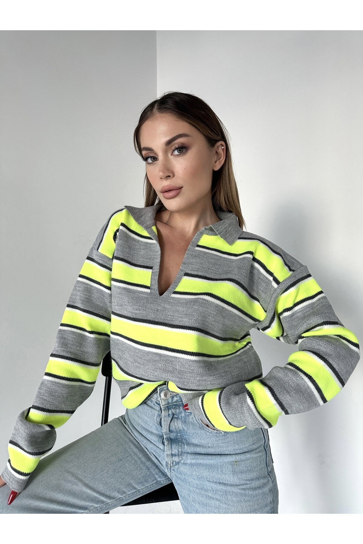 Kadın Polo Yaka Çizgili Triko Kazak Sarı