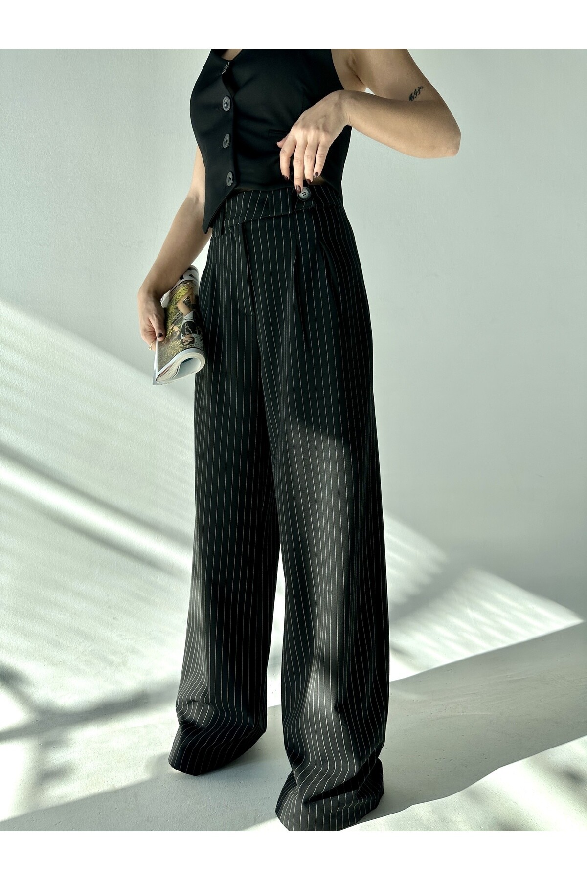 Kadın Siyah Çizgili Yandan Düğmeli Yüksek Bel Palazzo Pantolon