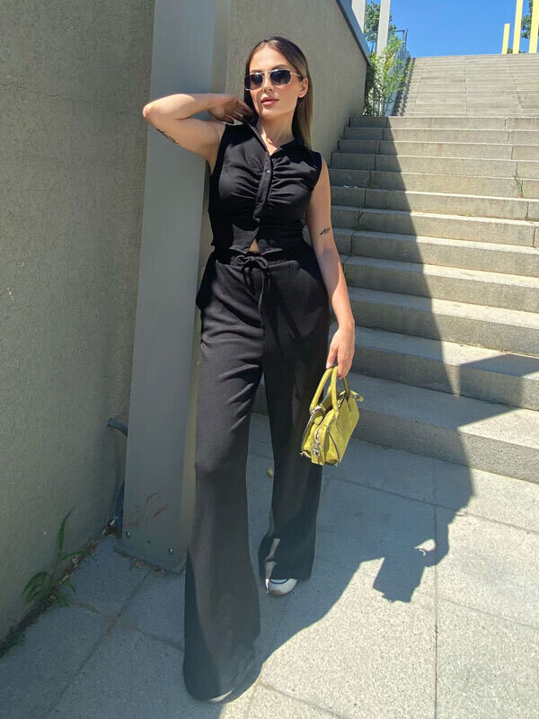 Kadın Siyah Yüksek Bel Beli Lastikli Bürümcük Bol Paça Pantolon 