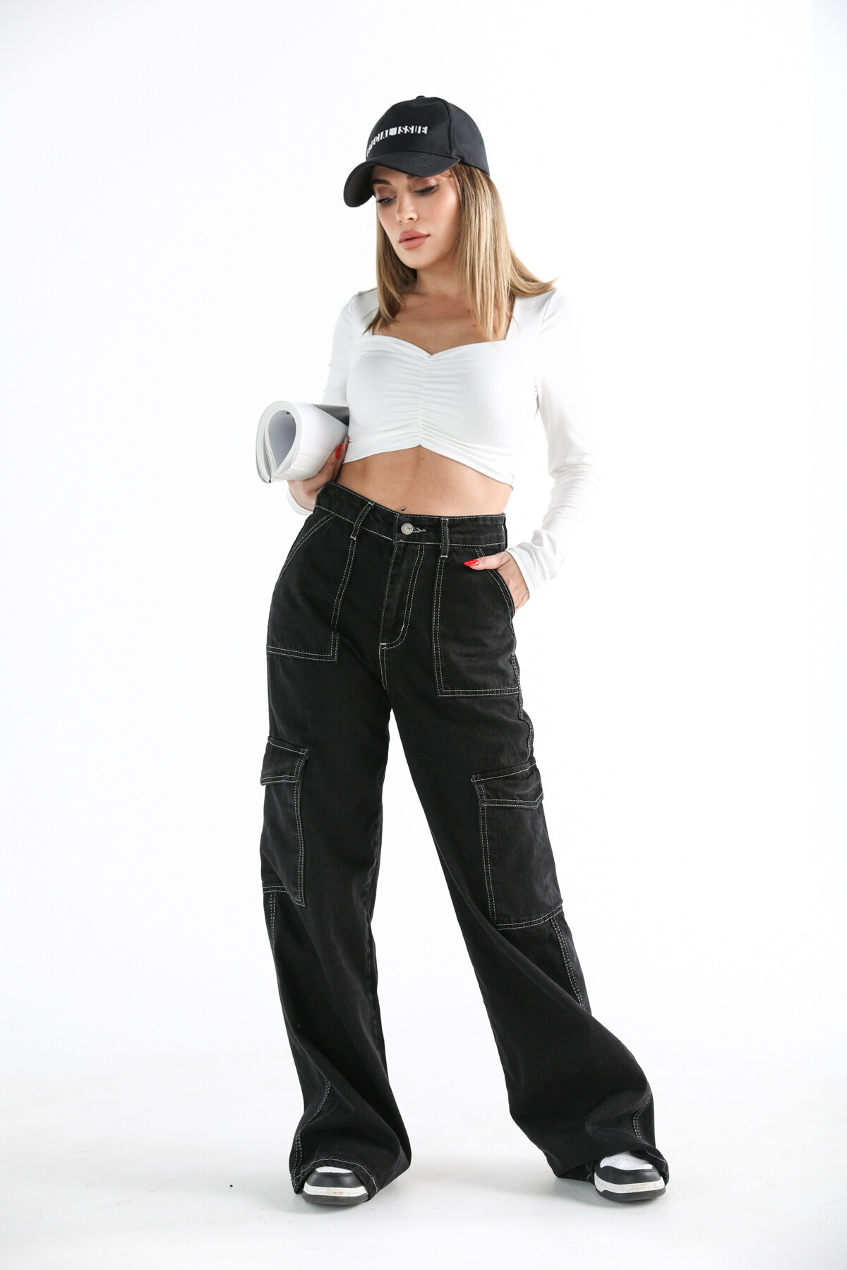 Kadın Yüksek Bel Kargo Cep Jean Siyah