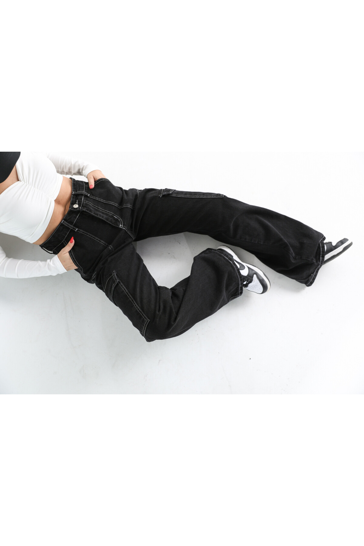 Kadın Yüksek Bel Kargo Cep Jean Siyah