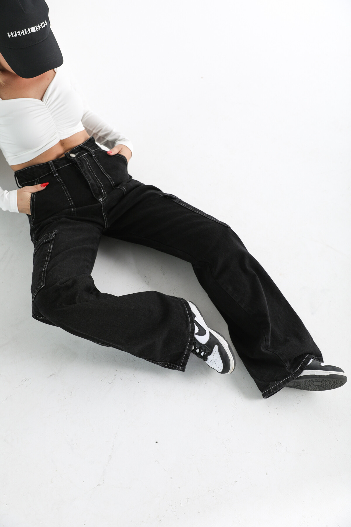 Kadın Yüksek Bel Kargo Cep Jean Siyah