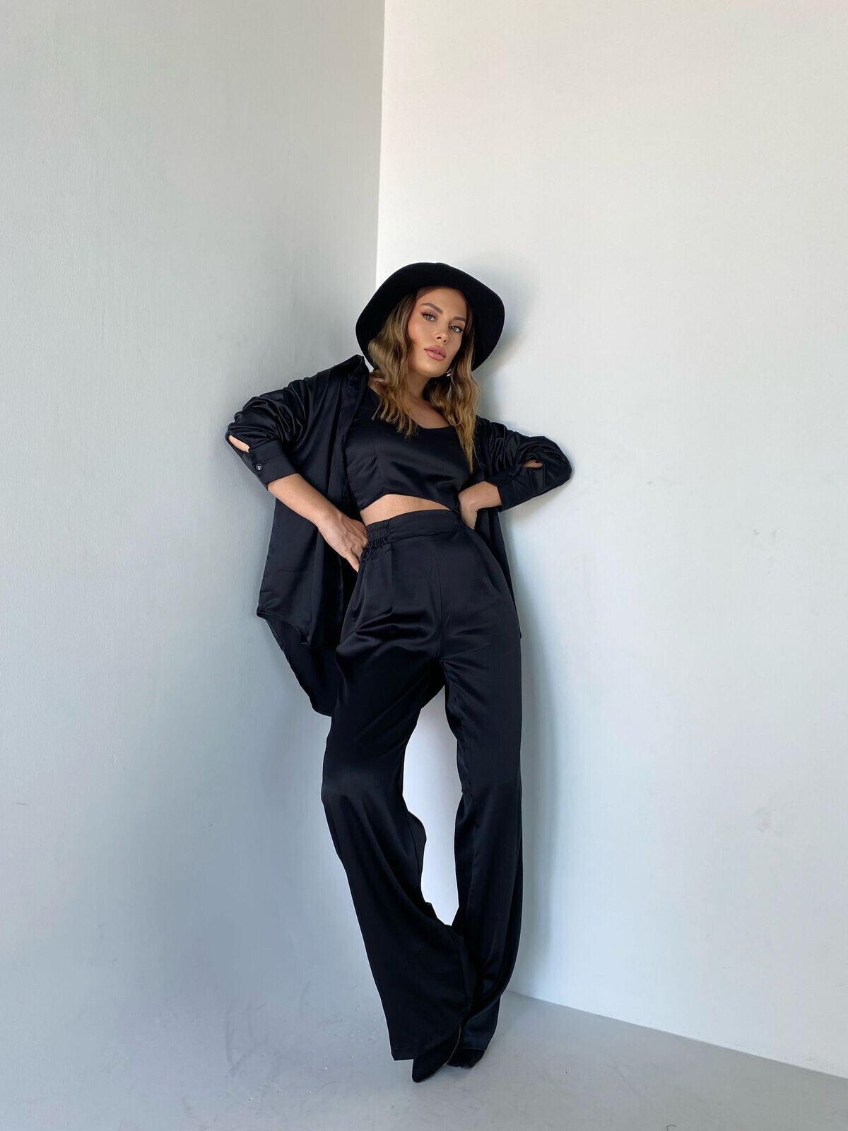 Kadın Siyah Yüksek Bel Lastikli Palazzo Büstiyer Gömlek 3lü Takım 