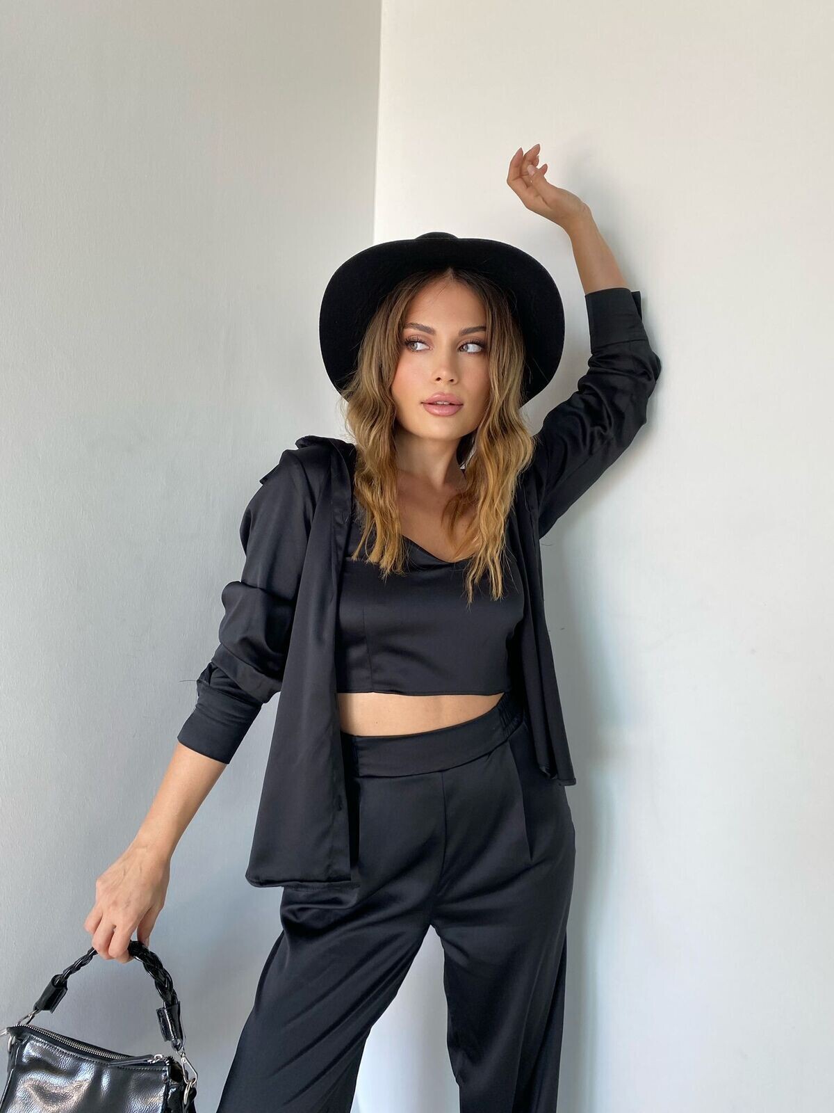 Kadın Siyah Yüksek Bel Lastikli Palazzo Büstiyer Gömlek 3lü Takım 