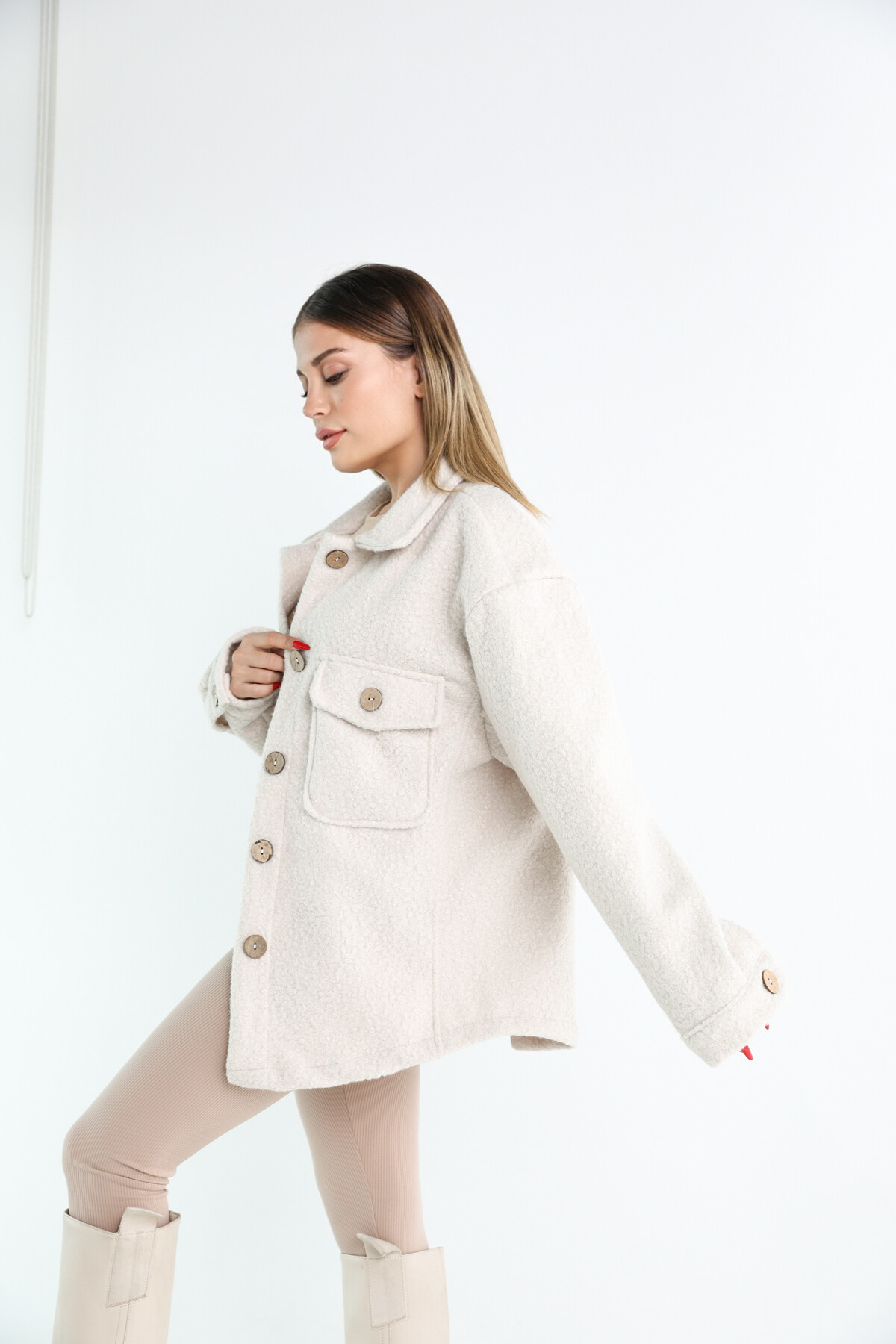 Kadın Taş Rengi Oversize Buklet Kumaş Ceket Taş