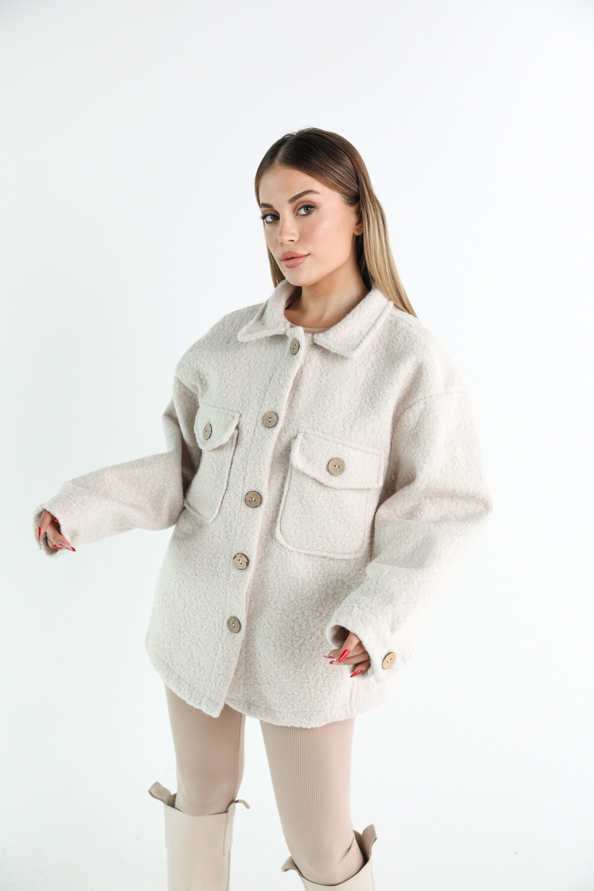 Kadın Taş Rengi Oversize Buklet Kumaş Ceket Taş