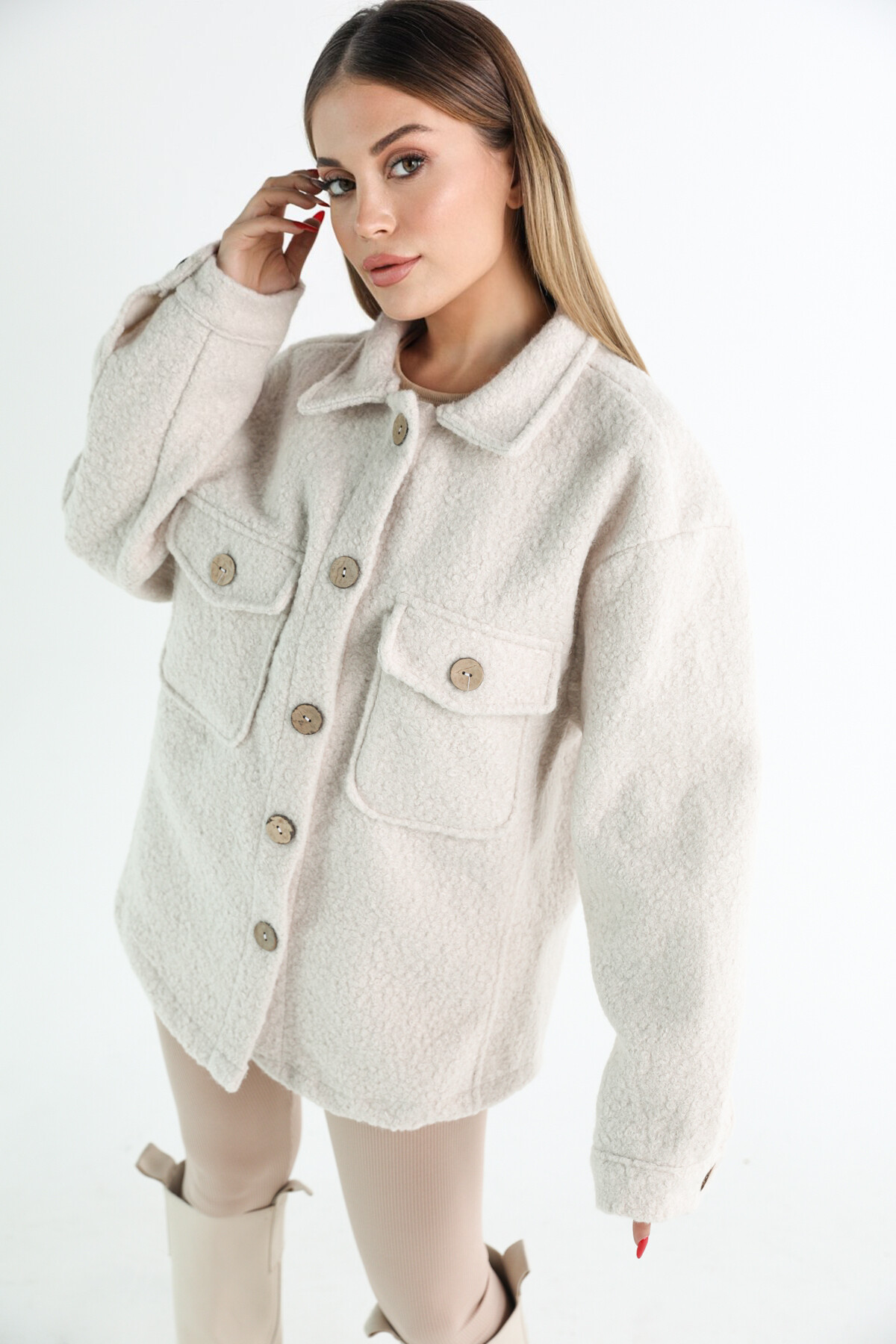 Kadın Taş Rengi Oversize Buklet Kumaş Ceket Taş