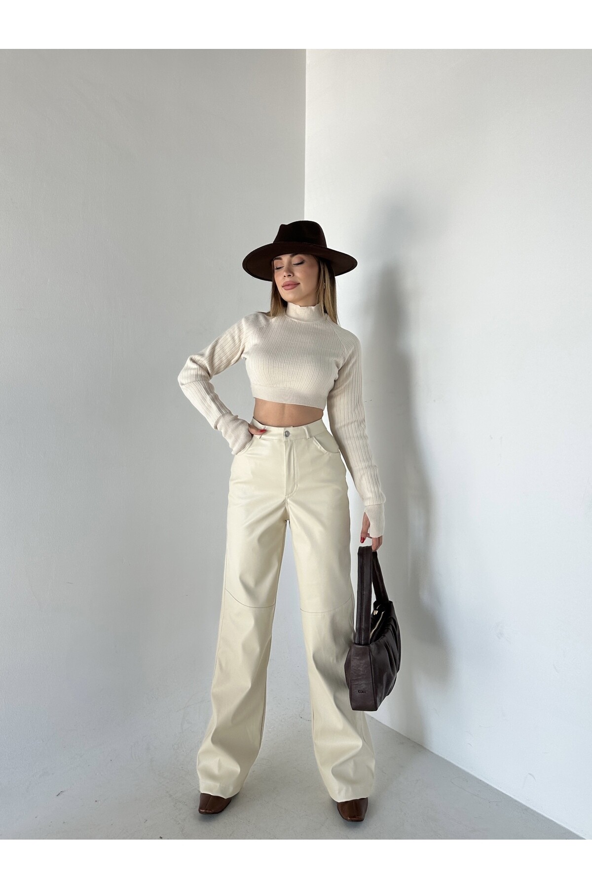 Kadın Taş Yüksek Bel İçi Şardonlu Deri Pantolon  Taş