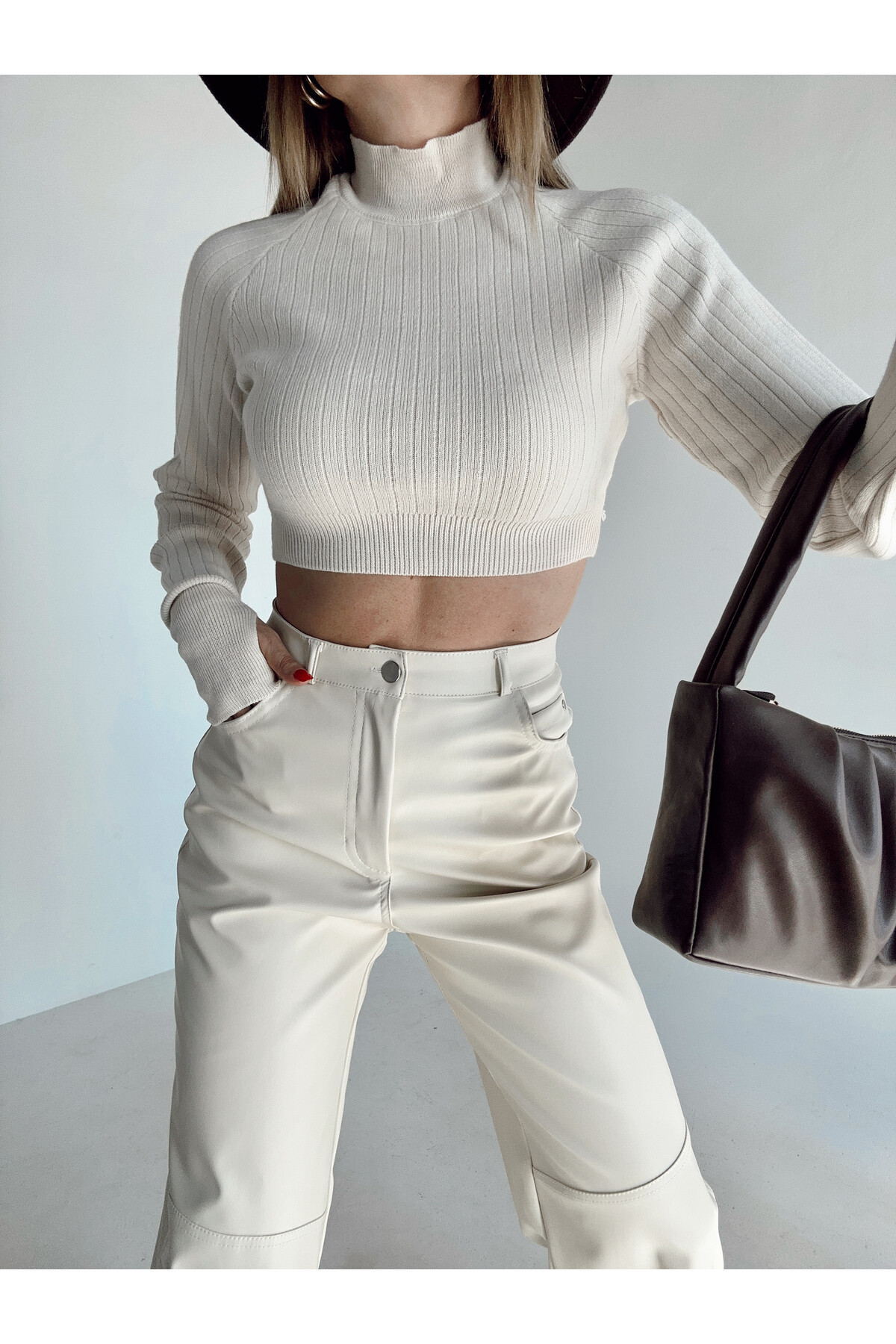 Kadın Taş Yüksek Bel İçi Şardonlu Deri Pantolon  Taş