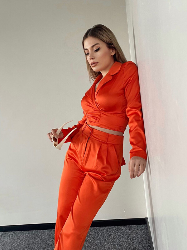 Kadın Turuncu Alt-Üst Saten Takım