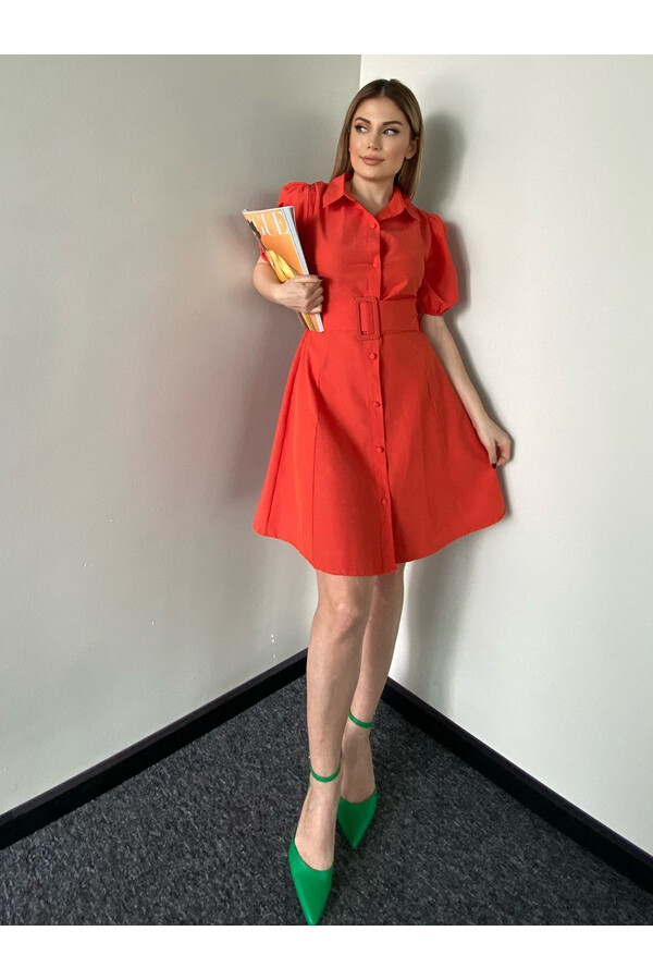 Kadın Turuncu Poplin Kumaş Balon Kol Elbise Turuncu