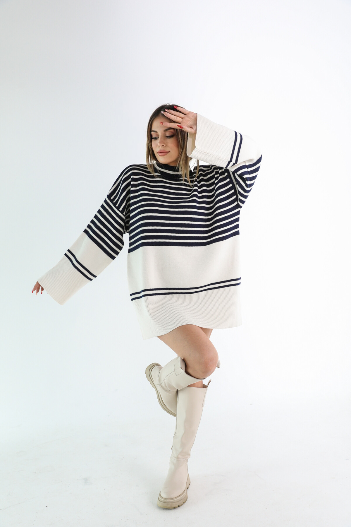 Kadın Yarı Çizgili Lacivert Yarım Balıkçı Triko Kazak Lacivert