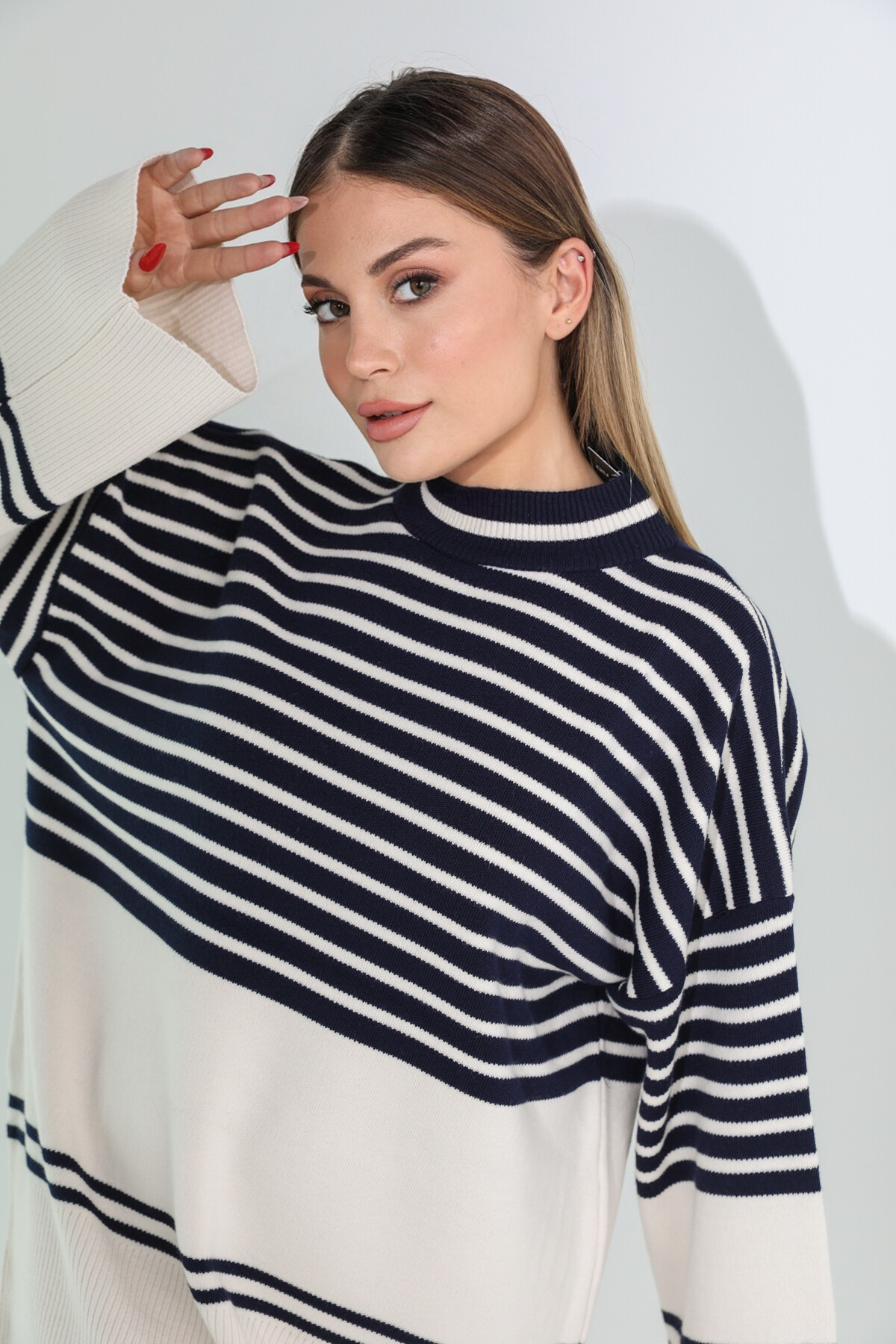 Kadın Yarı Çizgili Lacivert Yarım Balıkçı Triko Kazak Lacivert