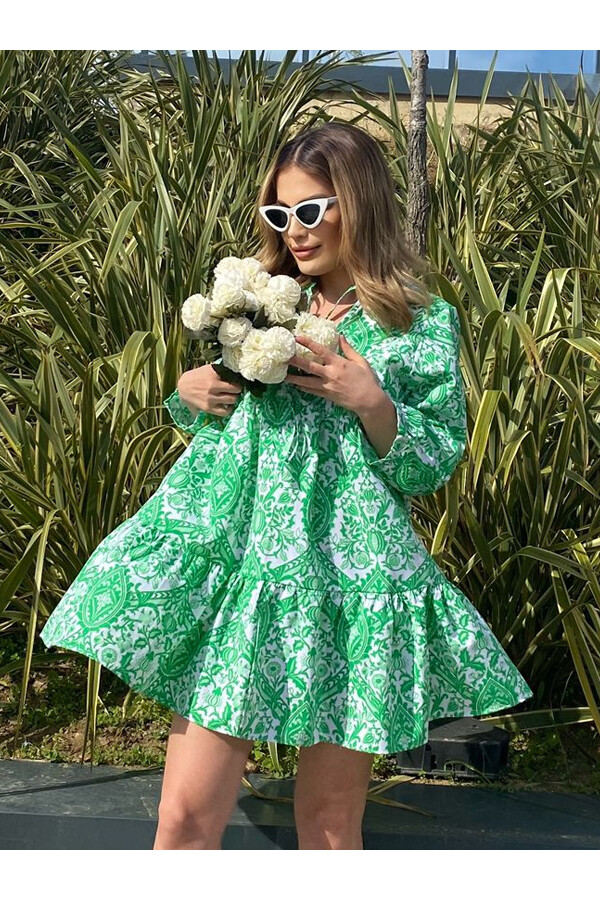 Kadın Yeşil Desenli Poplin Kumaş Elbise 