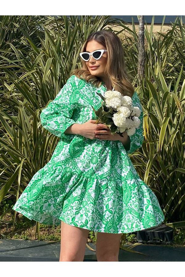 Kadın Yeşil Desenli Poplin Kumaş Elbise 