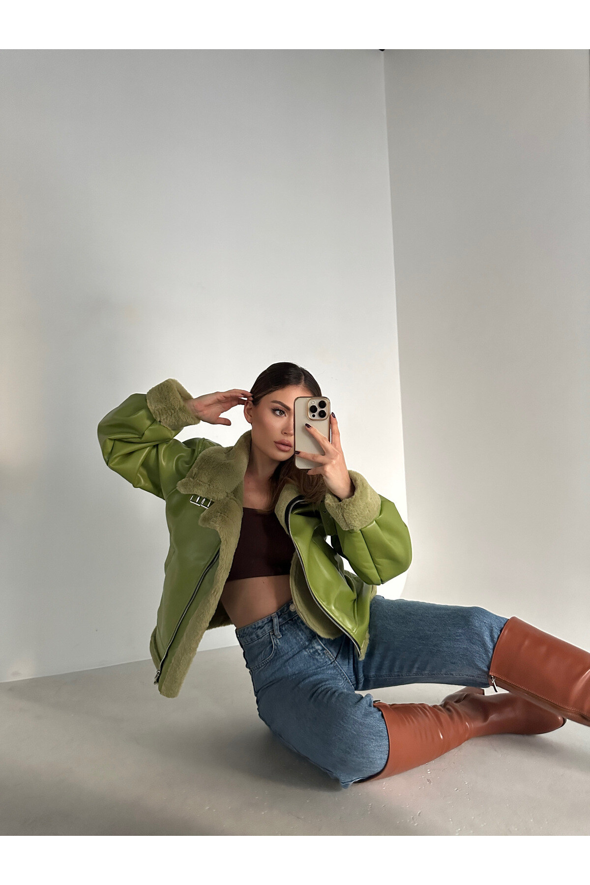 Kadın Yeşil İçi Ful Kürklü İthal Deri Balon Kol Mont  Yeşil