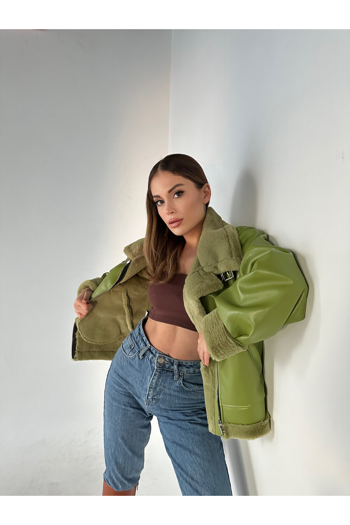Kadın Yeşil İçi Ful Kürklü İthal Deri Balon Kol Mont  Yeşil