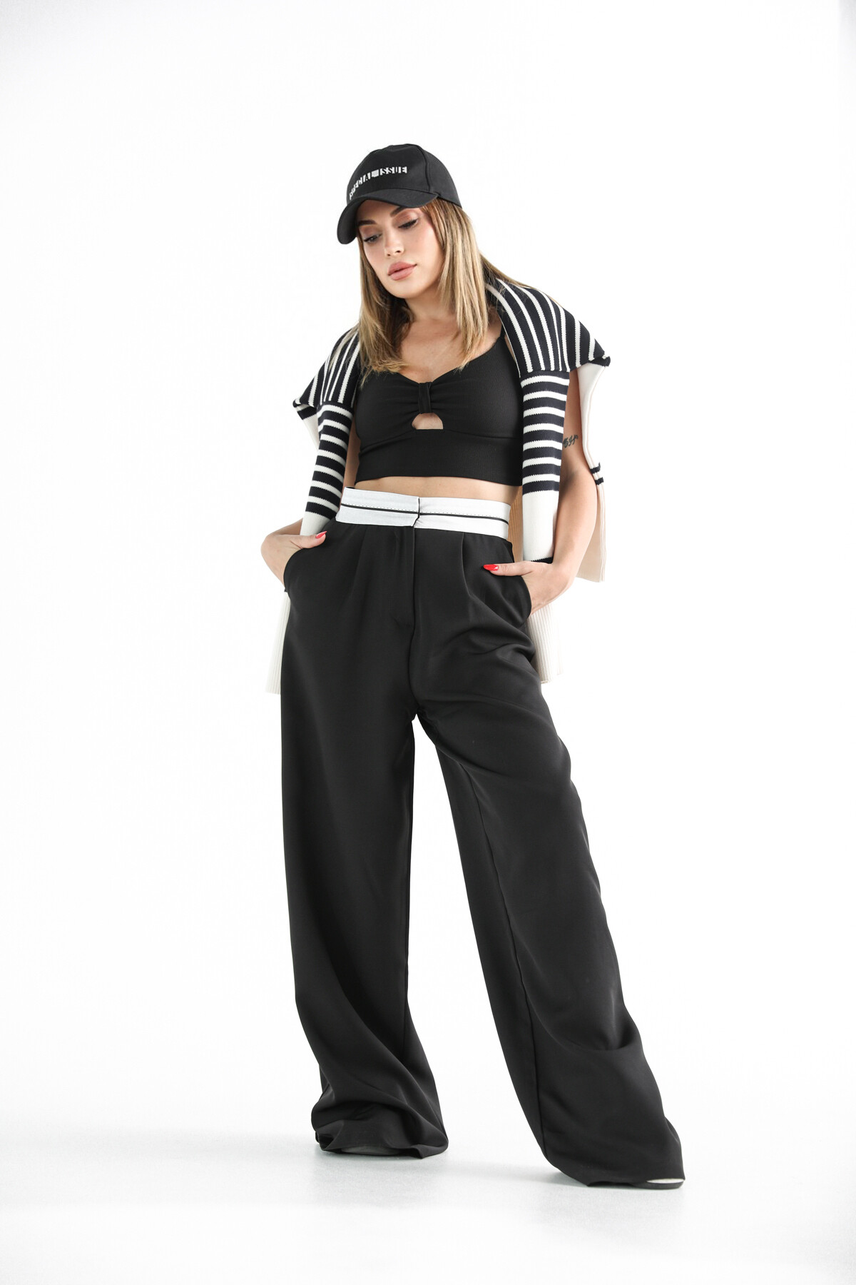 Kadın Yüksek Bel Atlas Beli Şeritli Palazzo Pantolon Siyah