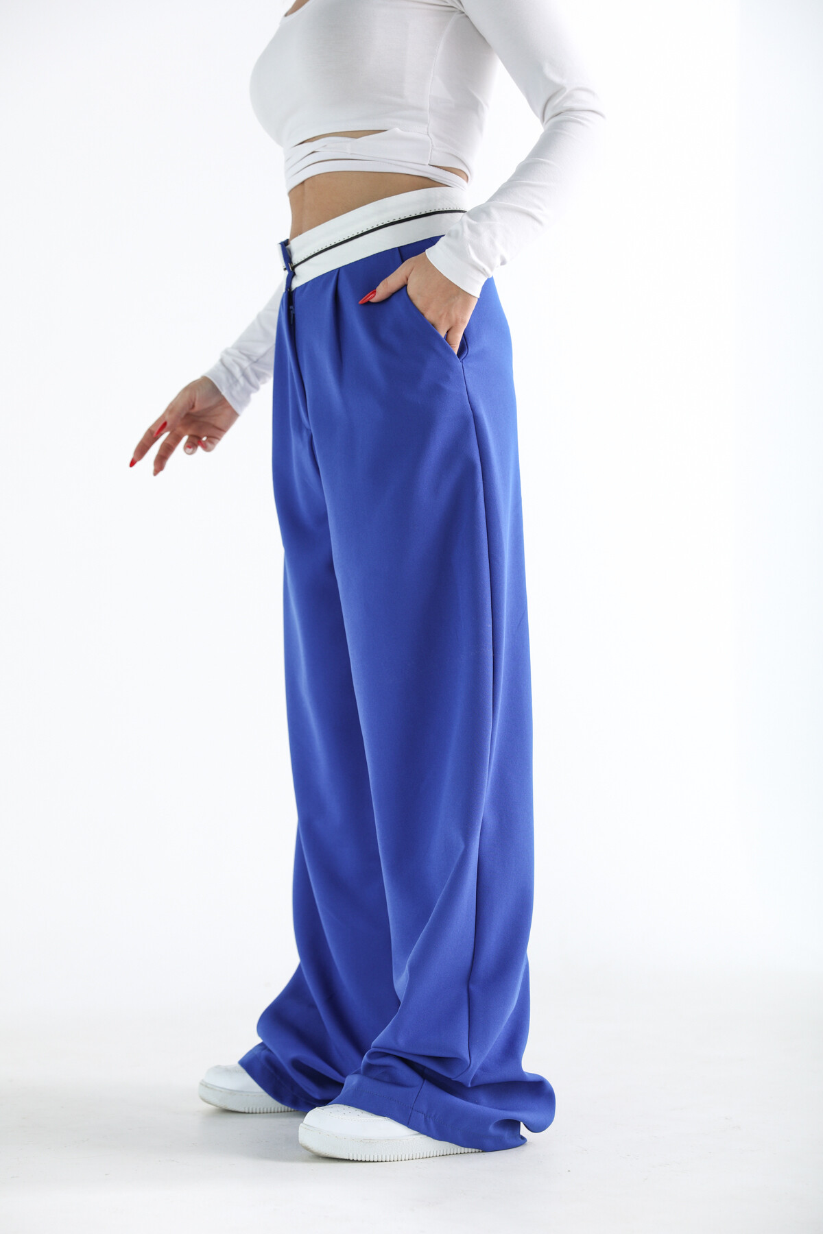 Kadın Yüksek Bel Atlas Beli Şeritli Palazzo Pantolon  Mavi