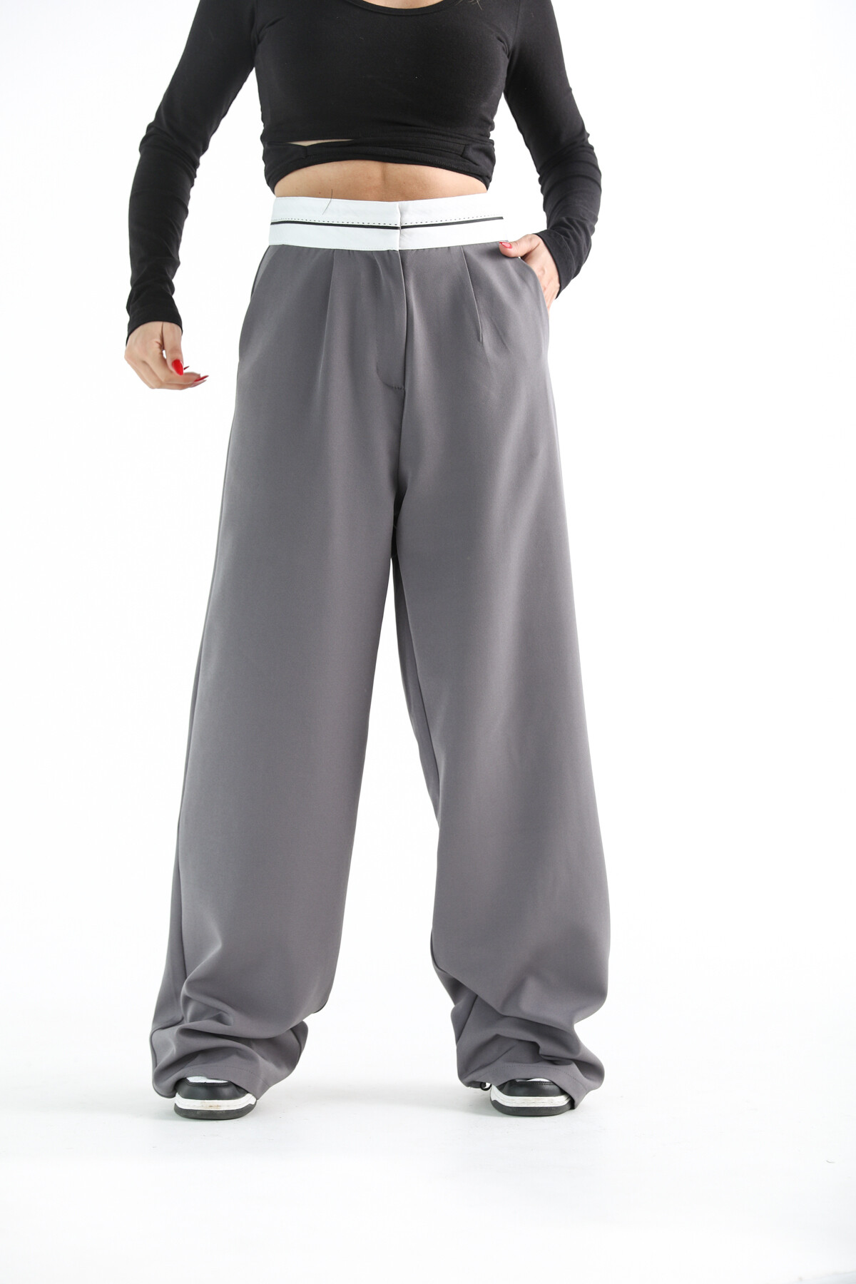 Kadın Yüksek Bel Atlas Beli Şeritli Palazzo Pantolon Gri