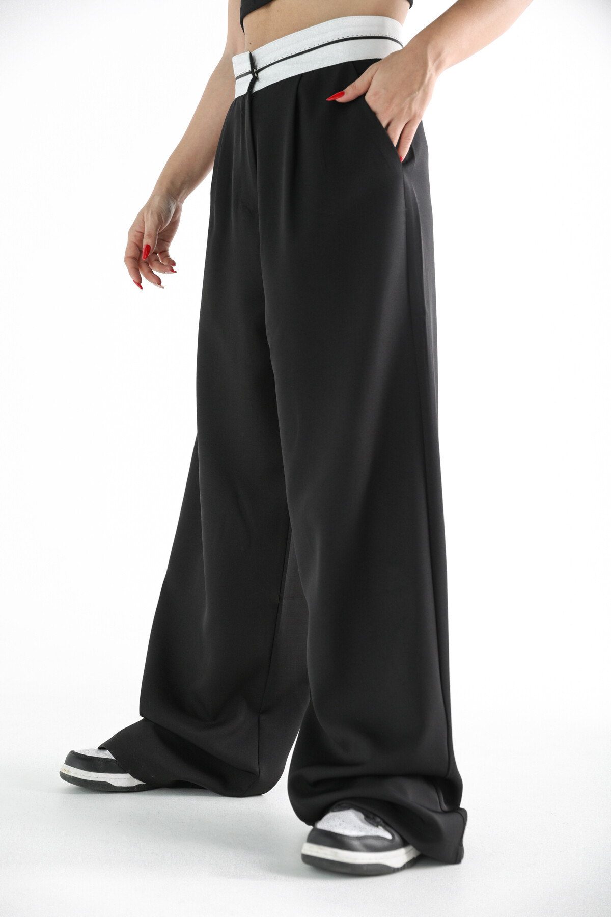 Kadın Yüksek Bel Atlas Beli Şeritli Palazzo Pantolon Siyah