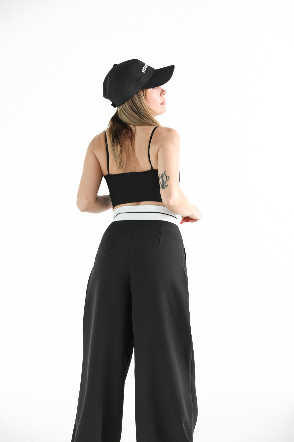 Kadın Yüksek Bel Atlas Beli Şeritli Palazzo Pantolon Siyah