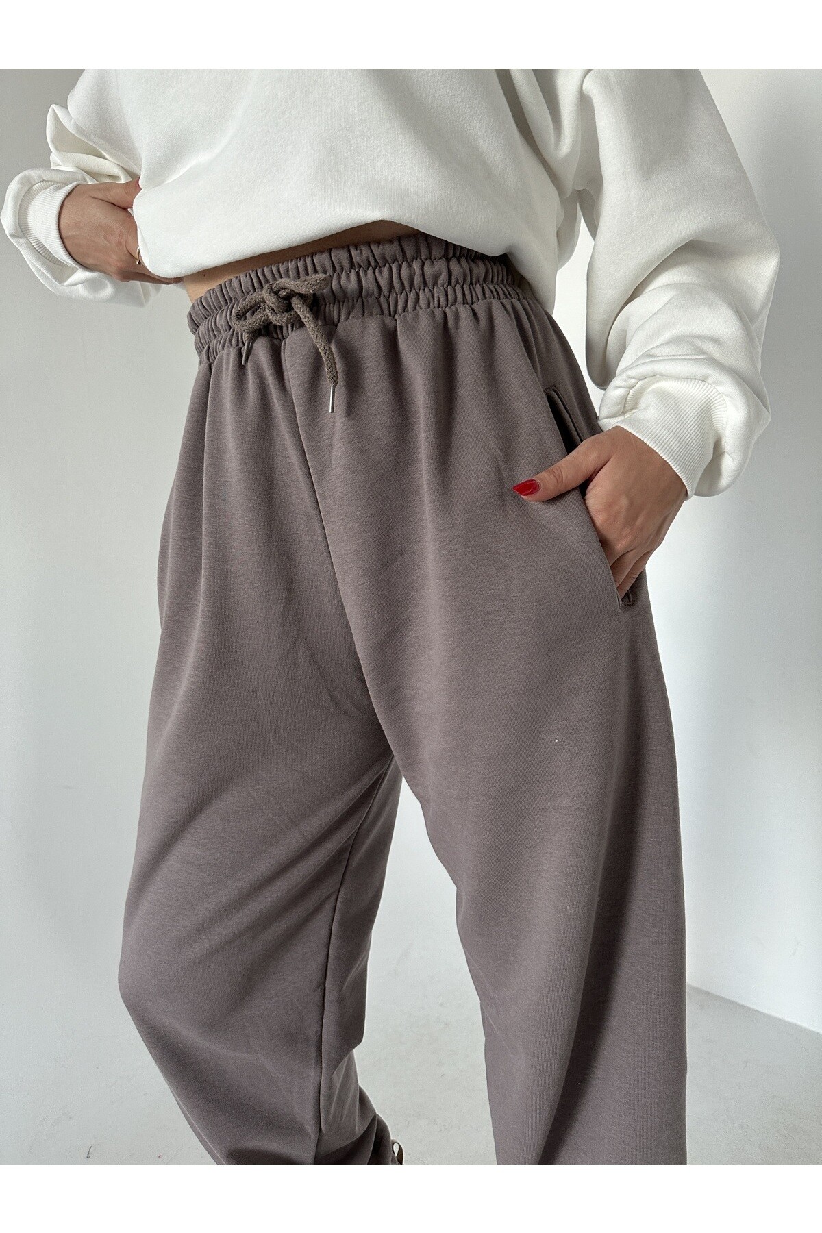 Kadın Yüksek Bel Lastikli Şalvar Pantolon Eşofman  Vizon