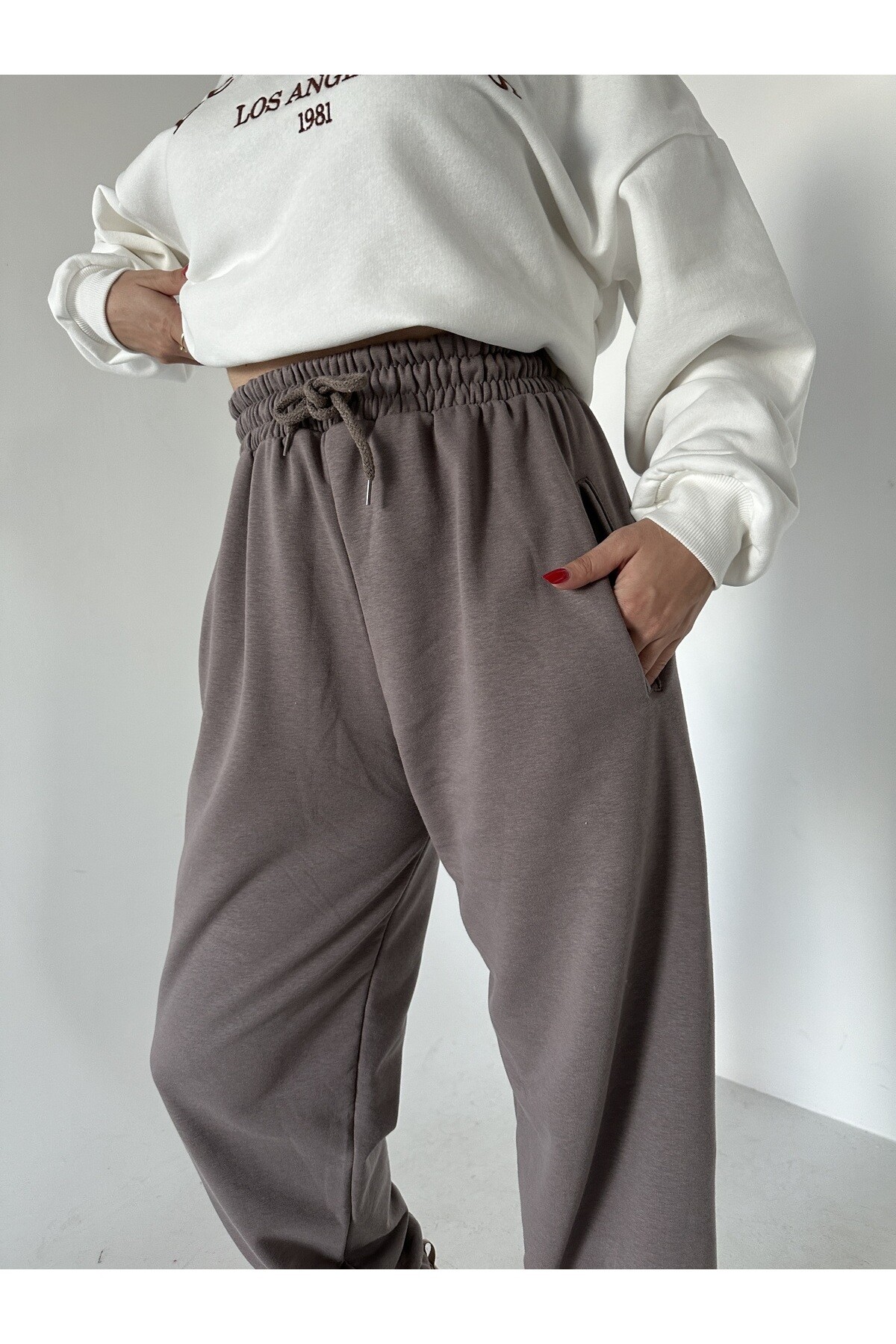 Kadın Yüksek Bel Lastikli Şalvar Pantolon Eşofman  Vizon