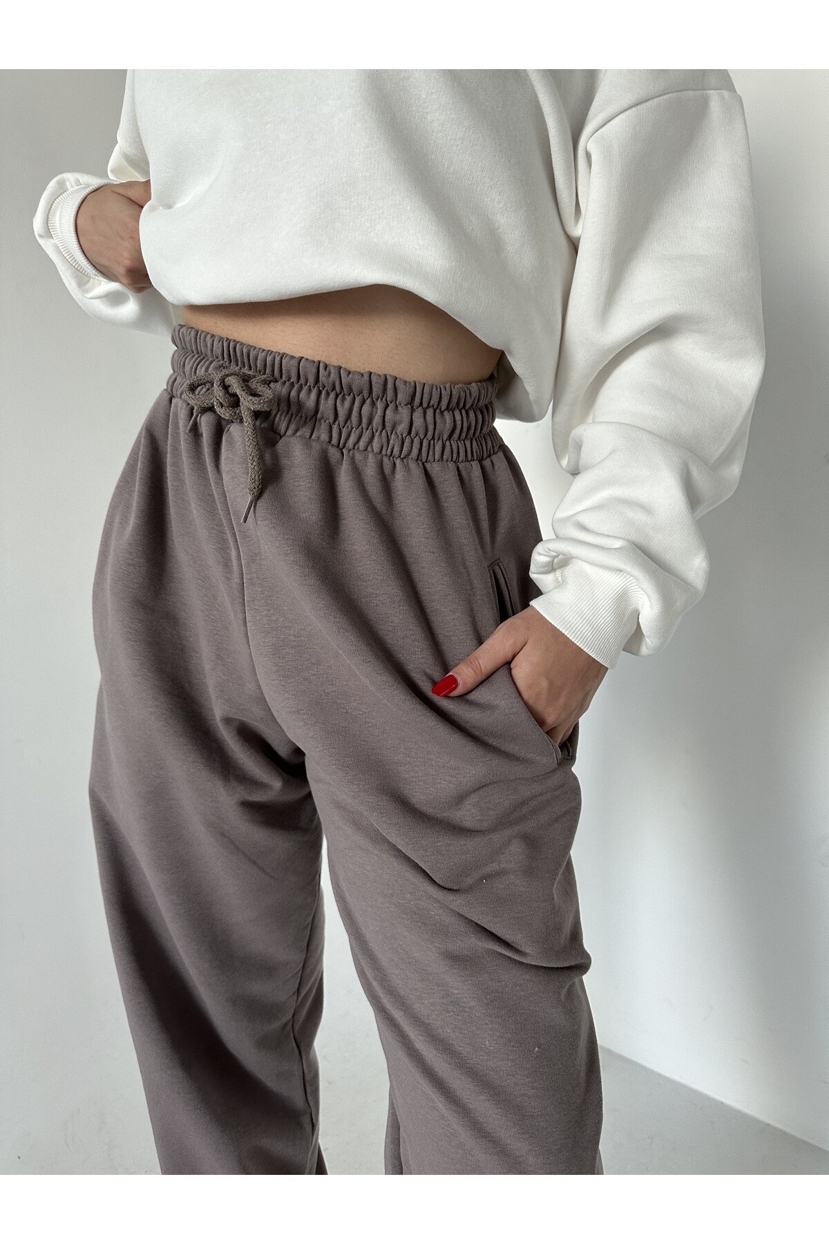 Kadın Yüksek Bel Lastikli Şalvar Pantolon Eşofman  Vizon