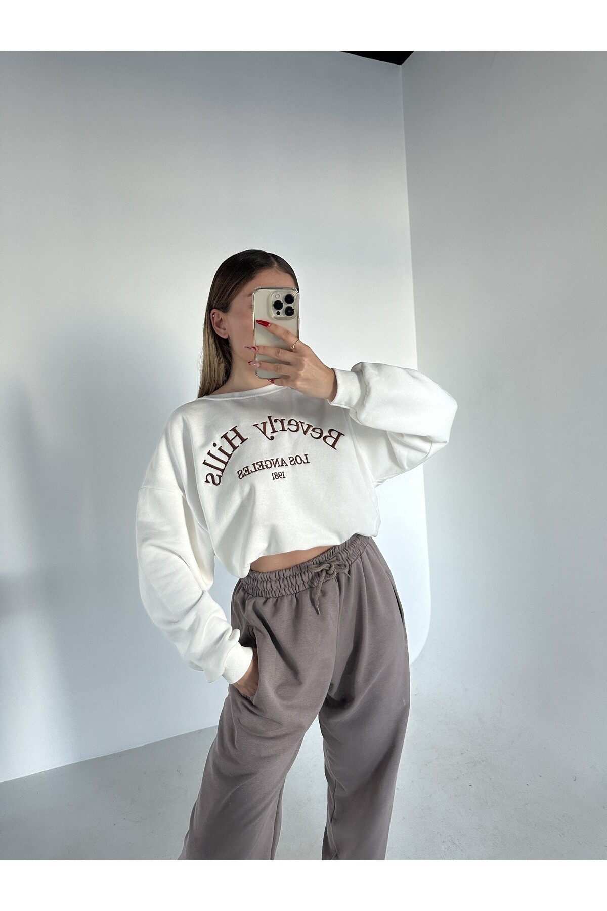 Kadın Yüksek Bel Lastikli Şalvar Pantolon Eşofman  Vizon