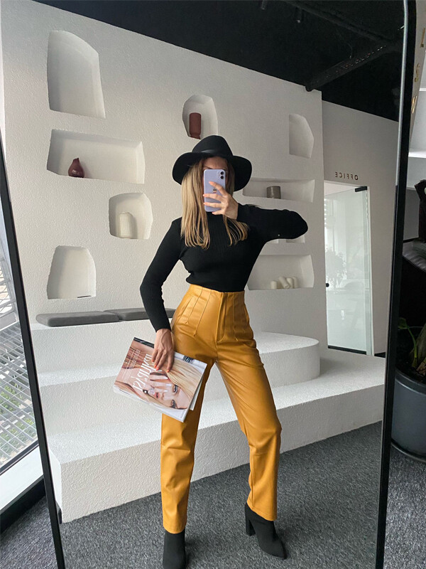 Kadın Yüksek Bel Pileli Şardonlı Havuç Deri Pantolon Hardal