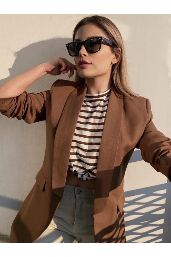Kahverengi Astarlı Kolları Büzgülü Blazer Ceket 