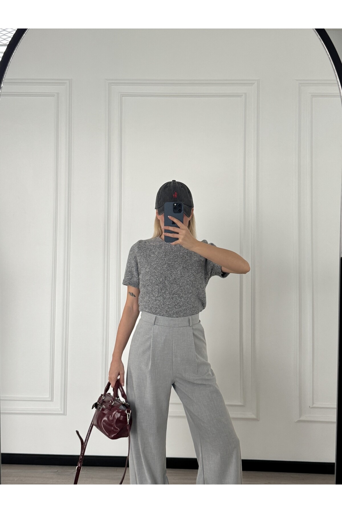 Açık Gri Poliviskon Kumaş Pileli Palazzo Kesim Pantolon