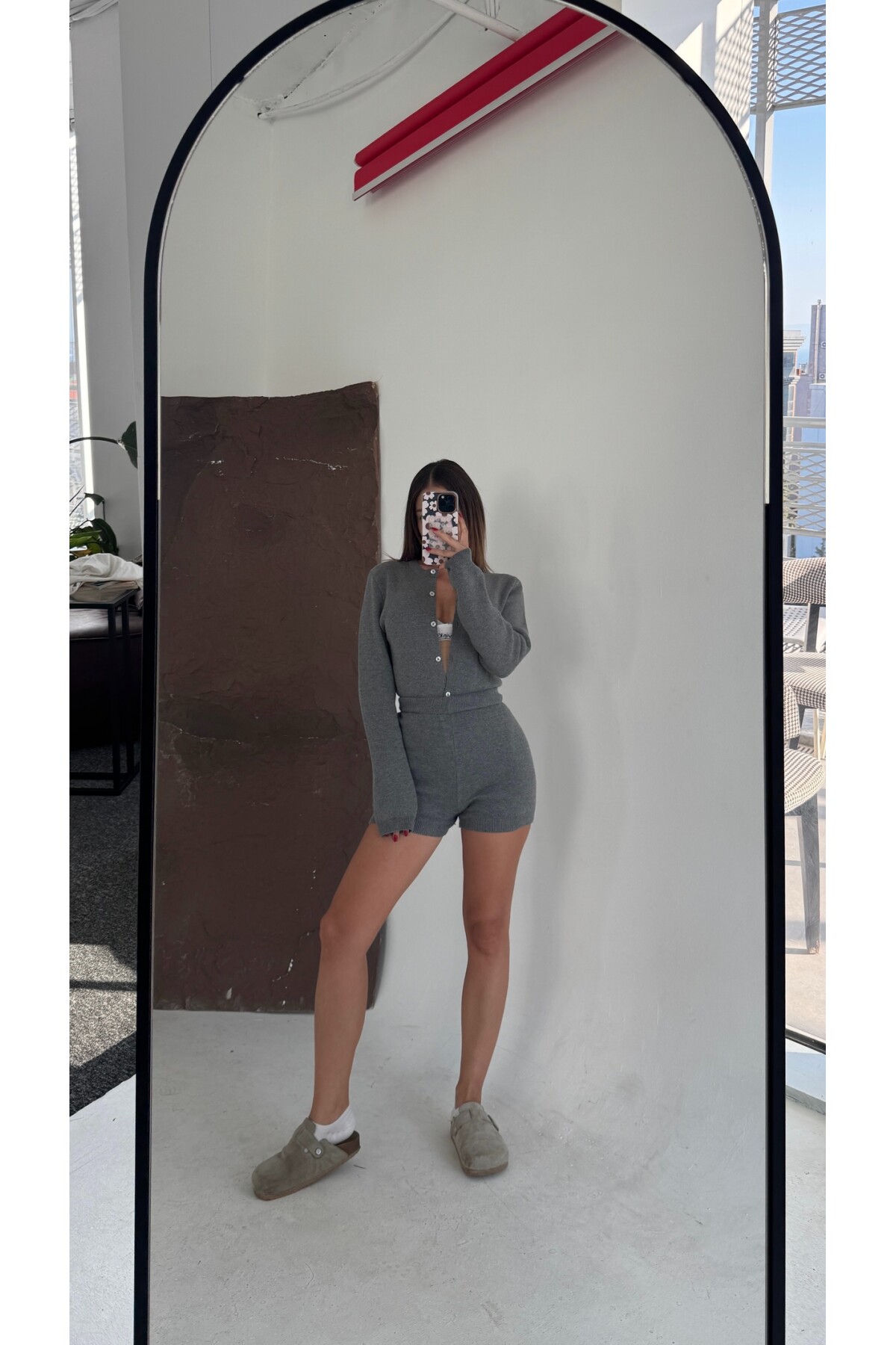 Antrasit bodysuit hırka şort triko ikili takım