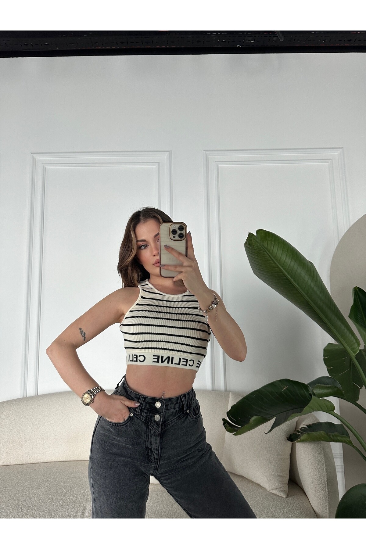 Beli Lastikli Triko Crop Krem