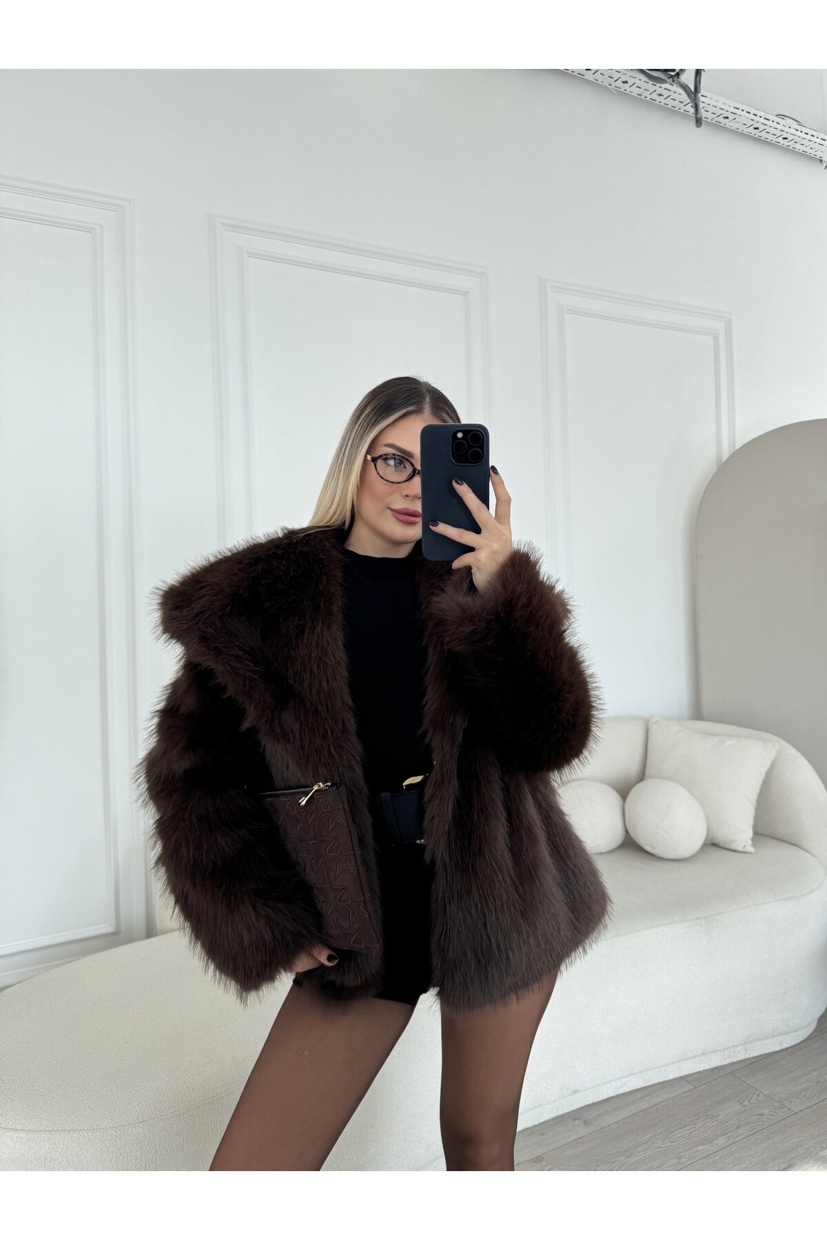 Kadın Acı Kahve Astarlı Cepli Kürk Ceket