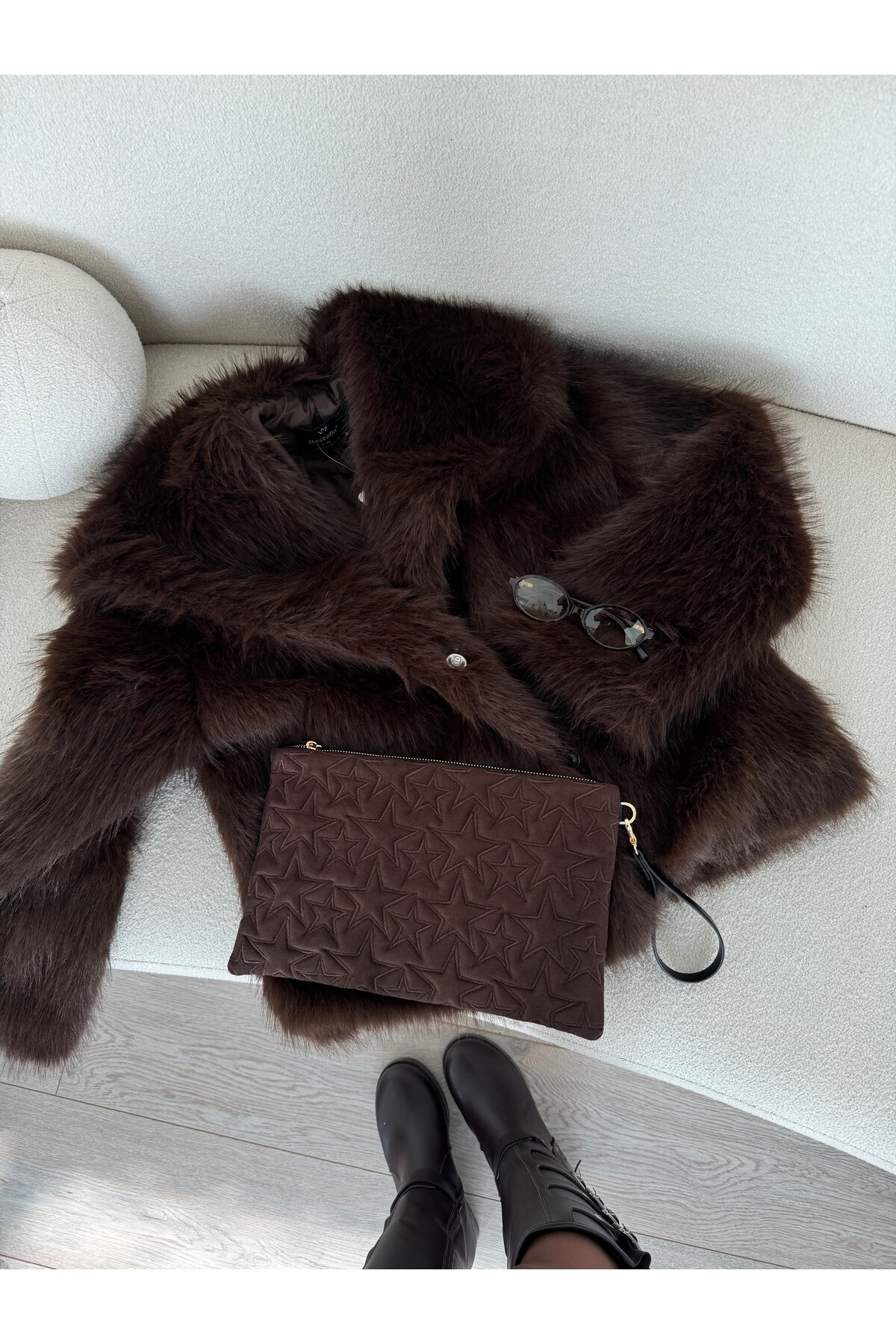 Kadın Acı Kahve Astarlı Cepli Kürk Ceket