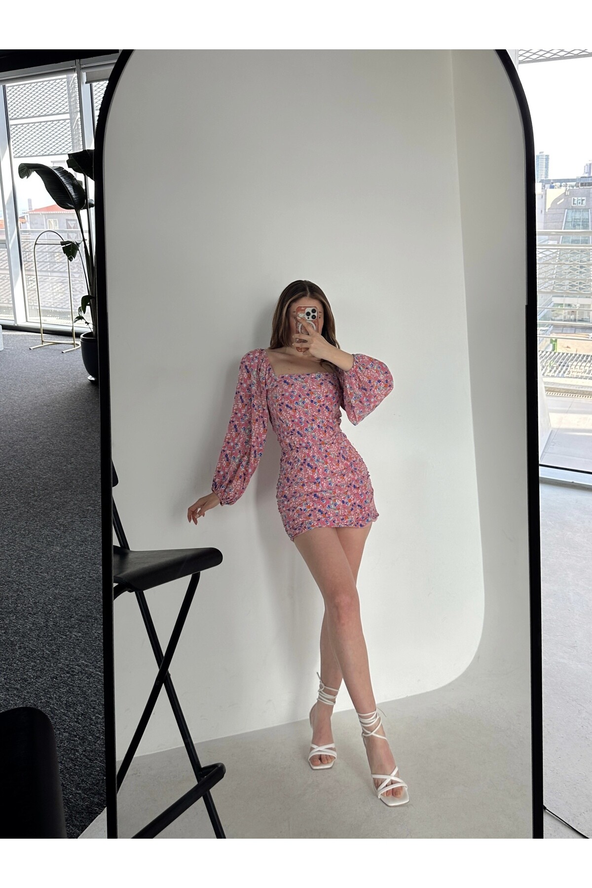 Çiçekli Lastik Balon Kol Astarlı Poplin Elbise