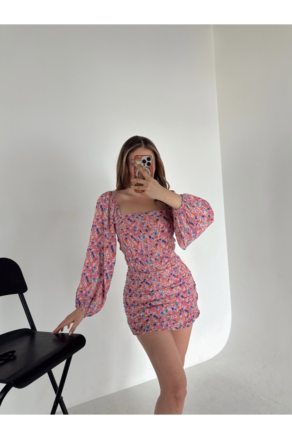 Çiçekli Lastik Balon Kol Astarlı Poplin Elbise