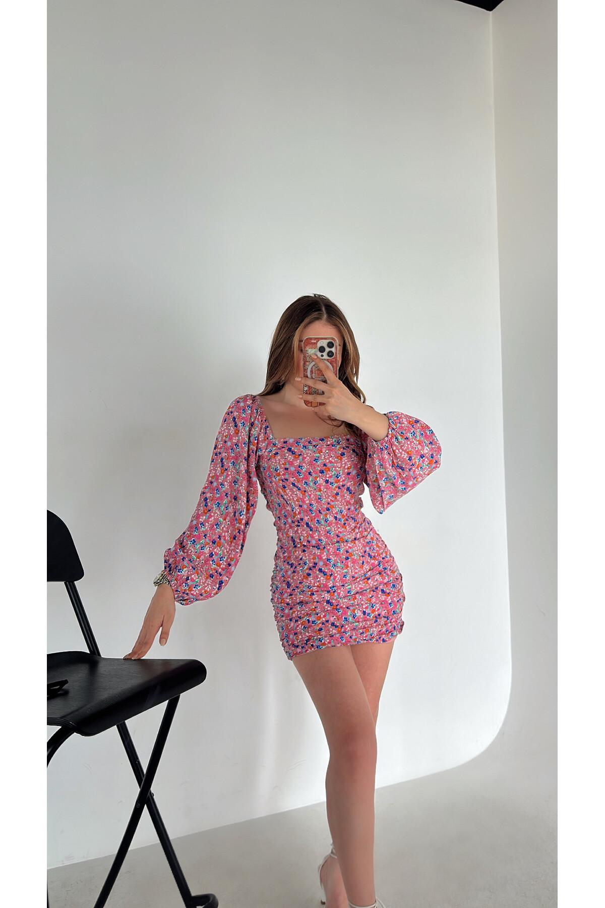 Çiçekli Lastik Balon Kol Astarlı Poplin Elbise