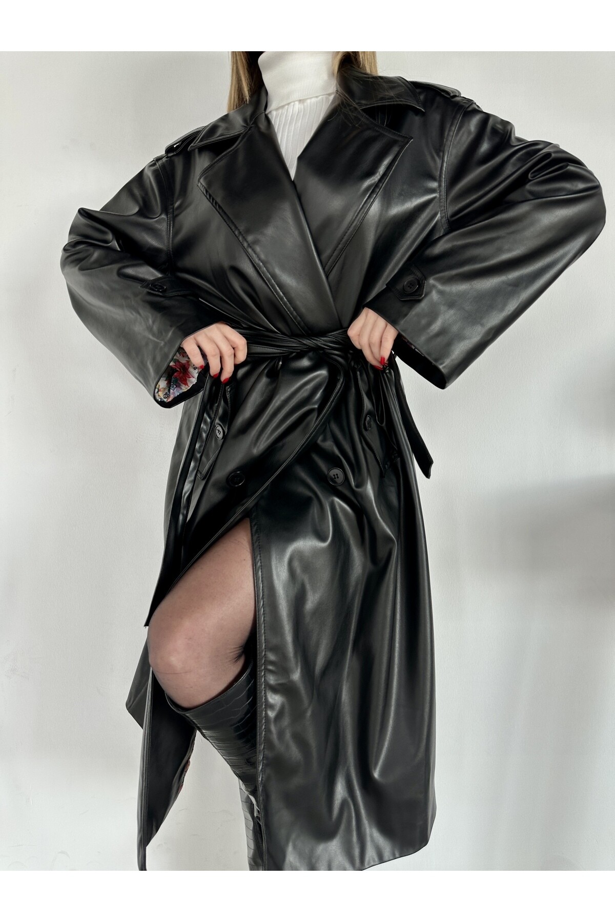 Colorful Astarlı Deri Trençkot  Siyah